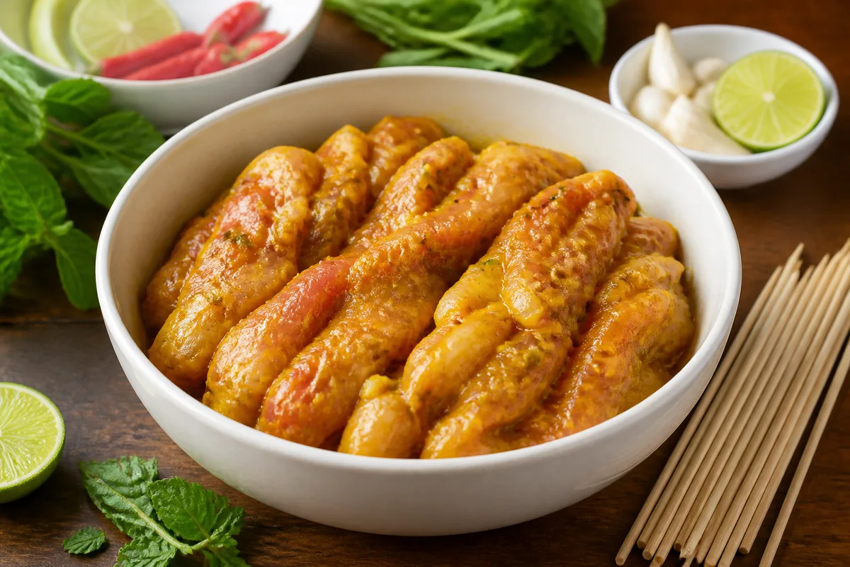 Lamelles de porc marinées au curcuma dans un saladier, à côté de piques en bambou