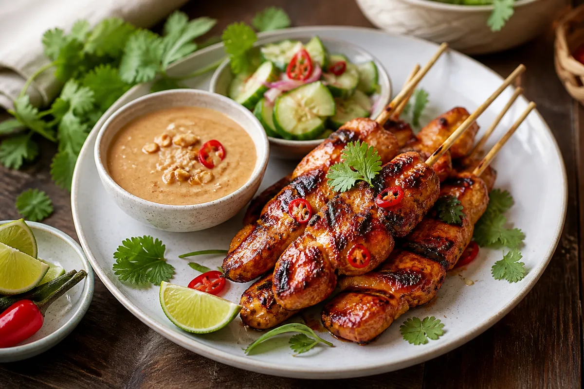 Brochettes grillées servies avec un bol de sauce cacahuète et un concombre acidulé