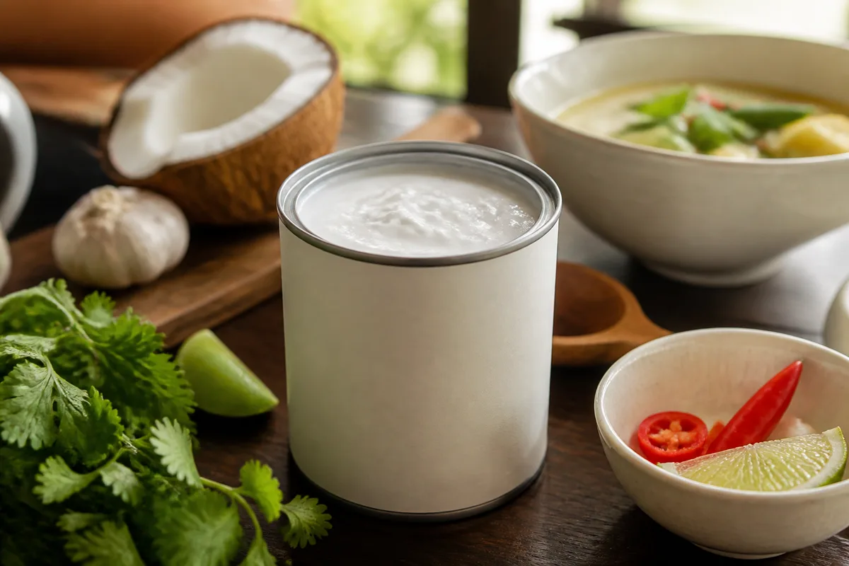 Boîte de lait de coco ouverte laissant apparaître la crème épaisse en surface