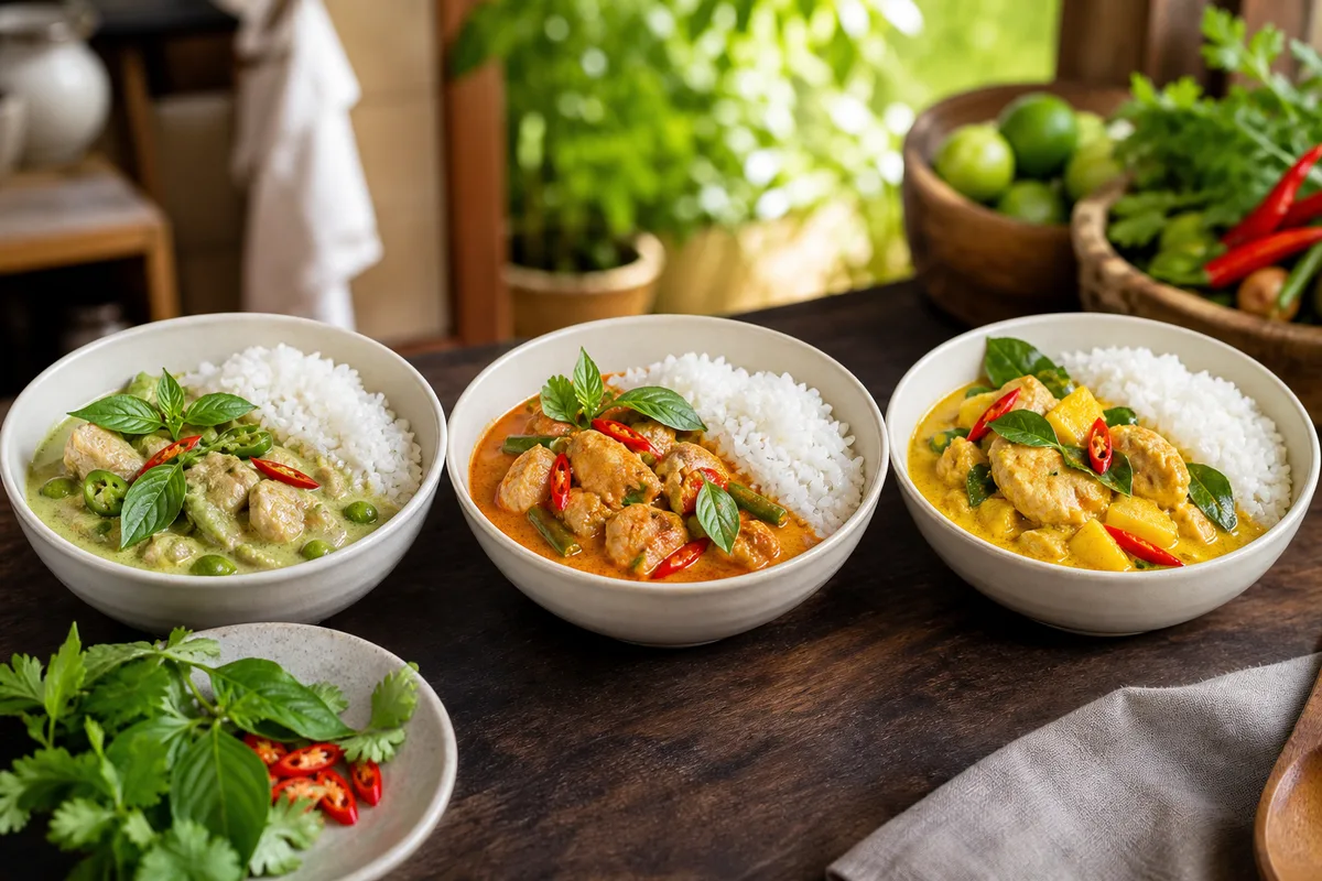 Trois bols de curry thaï côte à côte, vert, rouge et jaune, avec riz blanc