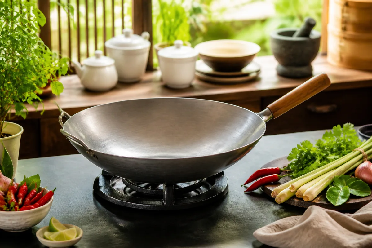 Wok en acier posé sur une flamme vive, nouilles de riz sautées avec germes de soja et ciboule