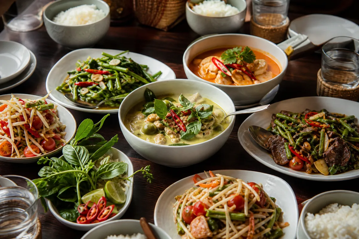 Table thaïe garnie de plusieurs plats partagés autour de bols de riz blanc