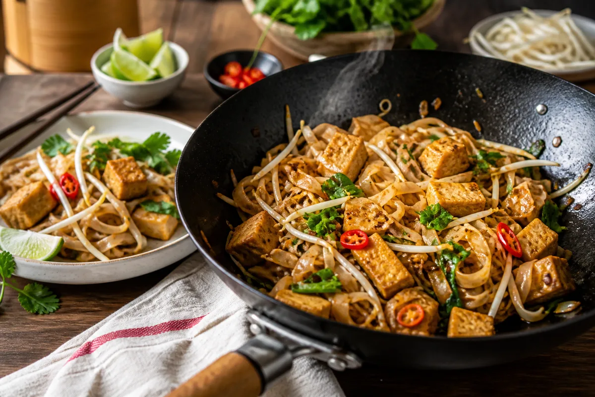 Nouilles de riz plates sautées dans une poêle brûlante avec tofu doré et pousses de soja