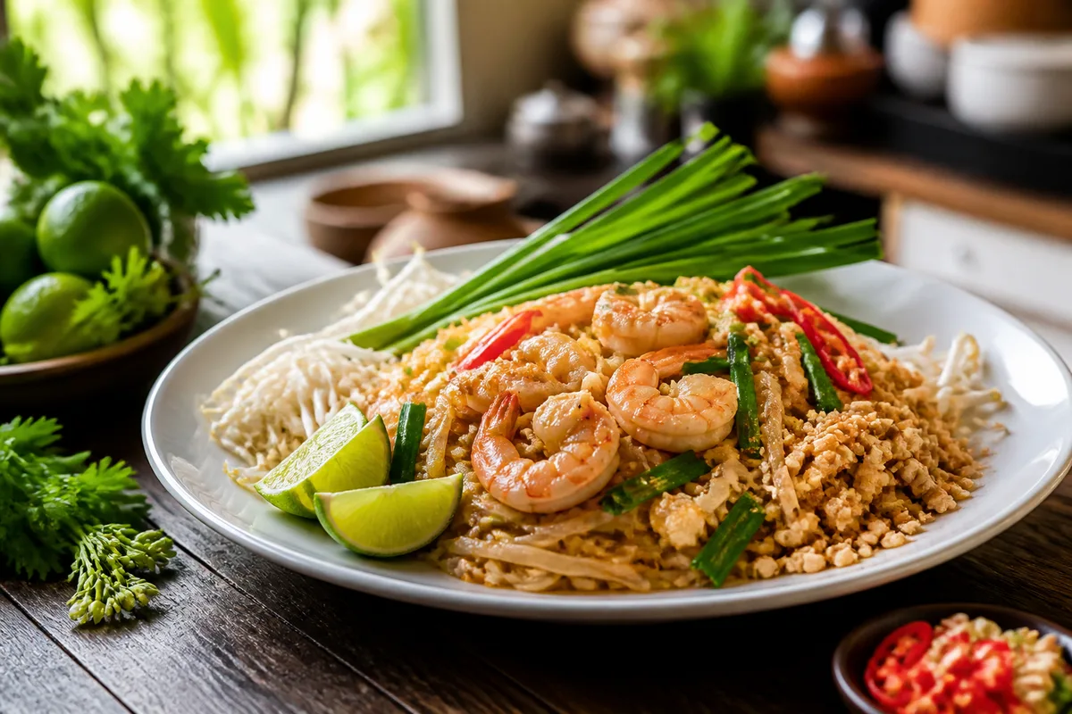 Assiette de pad thaï garnie de cacahuètes concassées, citron vert et ciboulette chinoise