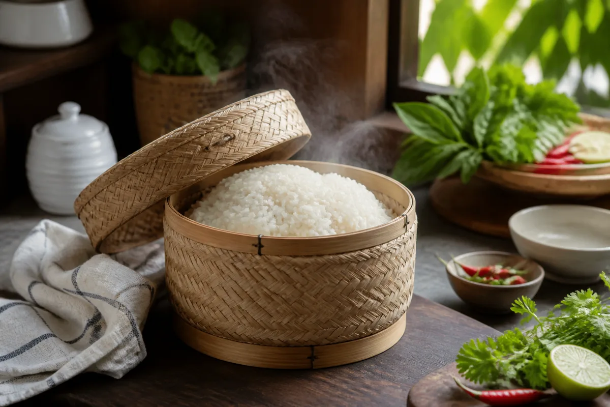 Boule de riz gluant roulée à la main au-dessus d&rsquo;un panier tressé