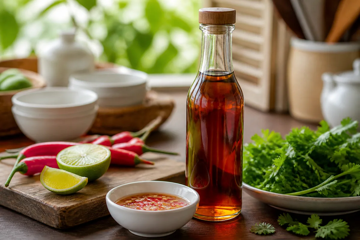 Bouteille de sauce de poisson et petit bol d&rsquo;assaisonnement avec piments et citron vert