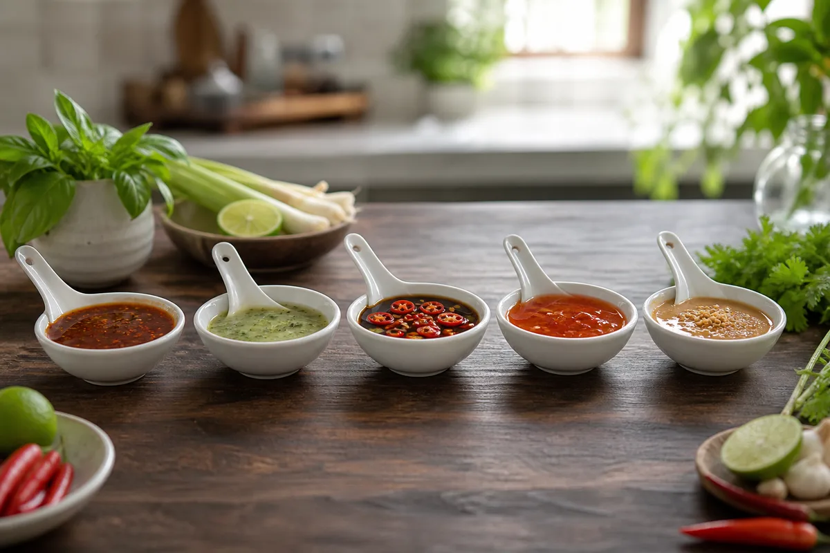Petits bols de sauces asiatiques alignés avec cuillères doseuses sur un plan de travail