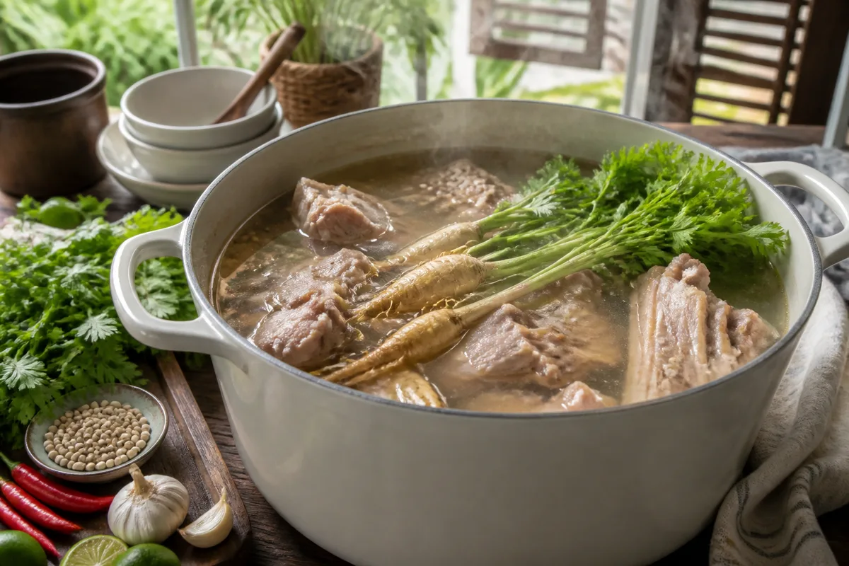 Grande marmite de bouillon clair avec os de porc, racines de coriandre et poivre blanc