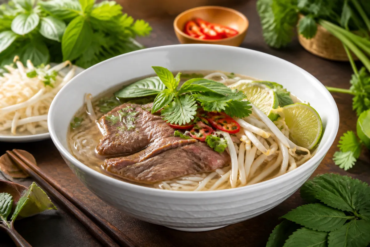 Bol de soupe de nouilles garni de viande, herbes fraîches et pousses de soja